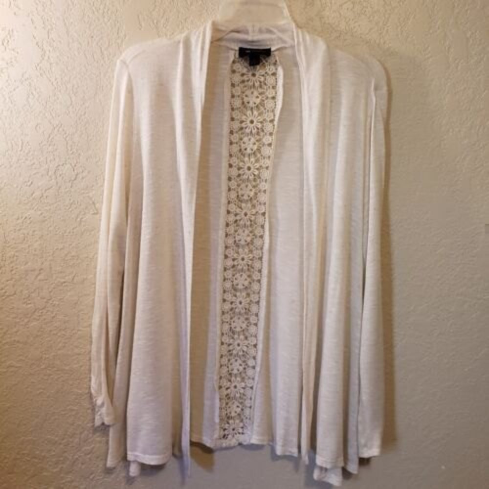 Women's AB Studio Linen Blend Ivory Color Cardigan with Crochet Sz Medium